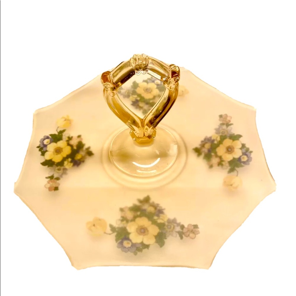 Vintage Depression Glass Tray Handpainted Frosted Pink Floral Heart Handle large